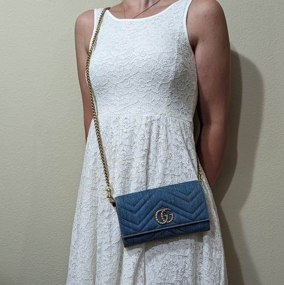 ✨Gucci ✨ marmont GG denim pearly denim long wallet converted to crossbody - Picture 3 of 14
